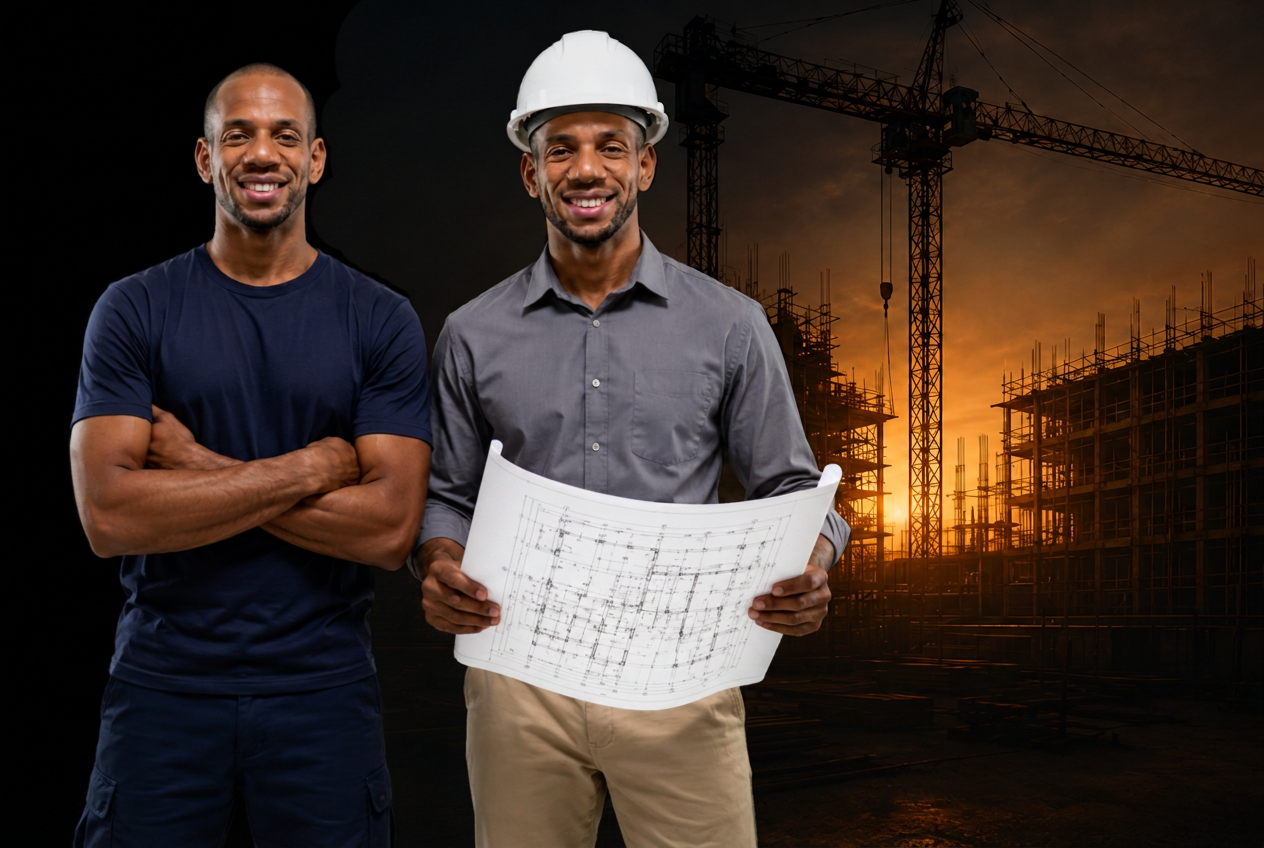 Dois profissionais da construção — engenheiro e prestador de serviço